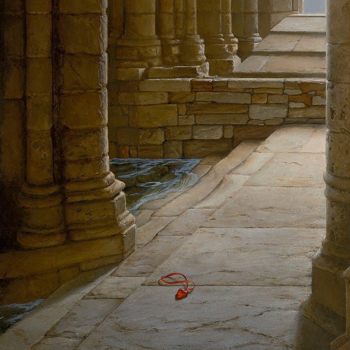 TOP LEFT: Detail of SANCTUARY featuring a discarded glass heart on a red silk ribbon and a transparent sphere containing a solitary flame floating through a passage of stone columns toward a peaked archway. TOP RIGHT: Close detail of SANCTUARY featuring a red glass heart on a silk ribbon discarded on the worn stone. BOTTOM LEFT: Close detail of SANCTUARY featuring a solitary flame inside a transparent sphere with a bubble-like sheen passing through classical stone columns towards a peaked archway. BOTTOM RIGHT: Close detail of SANCTUARY featuring the stylized letter "M" chiseled into the column in the lower right of the painting.