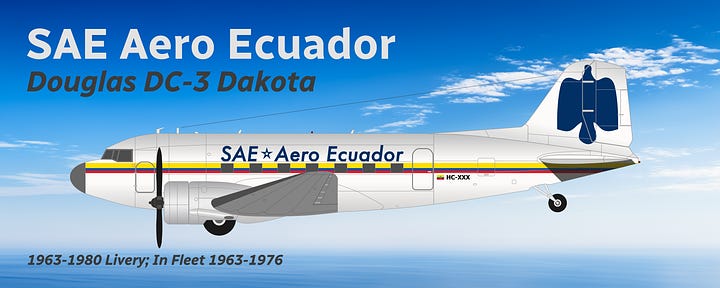 SAE Ecuador Douglas DC-3 (L) and Douglas DC-6 (R) in 1963-1980 livery, both shown in side view.