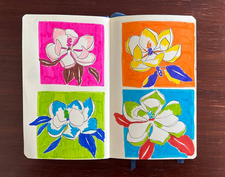 Sketchbook spreads with magnolias created with pen brushes