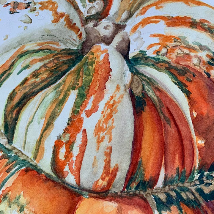 Watercolor textures in green, orange, and beige of a turban squash