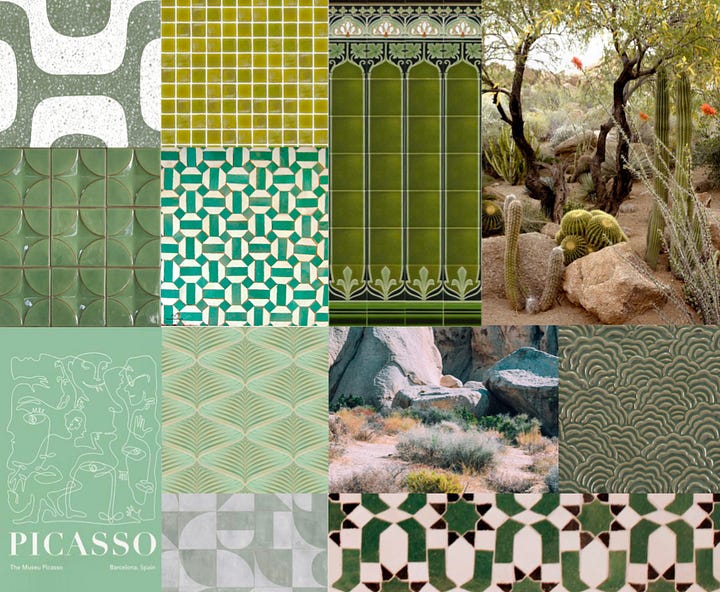 Images of collages of tiles, photos of gardens, paintings, wall paper, and paint all in various shades of green.