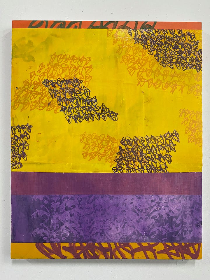 Images of the new, mostly yellow and purple painting with glyphs titled, Soft Poem: Summer Juice.