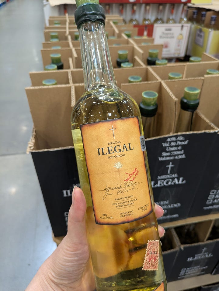 Agave hearts being cooked - photo Mary West, Unsplash. A bottle of "Illegal" mezcal, reposado in a store near my house.