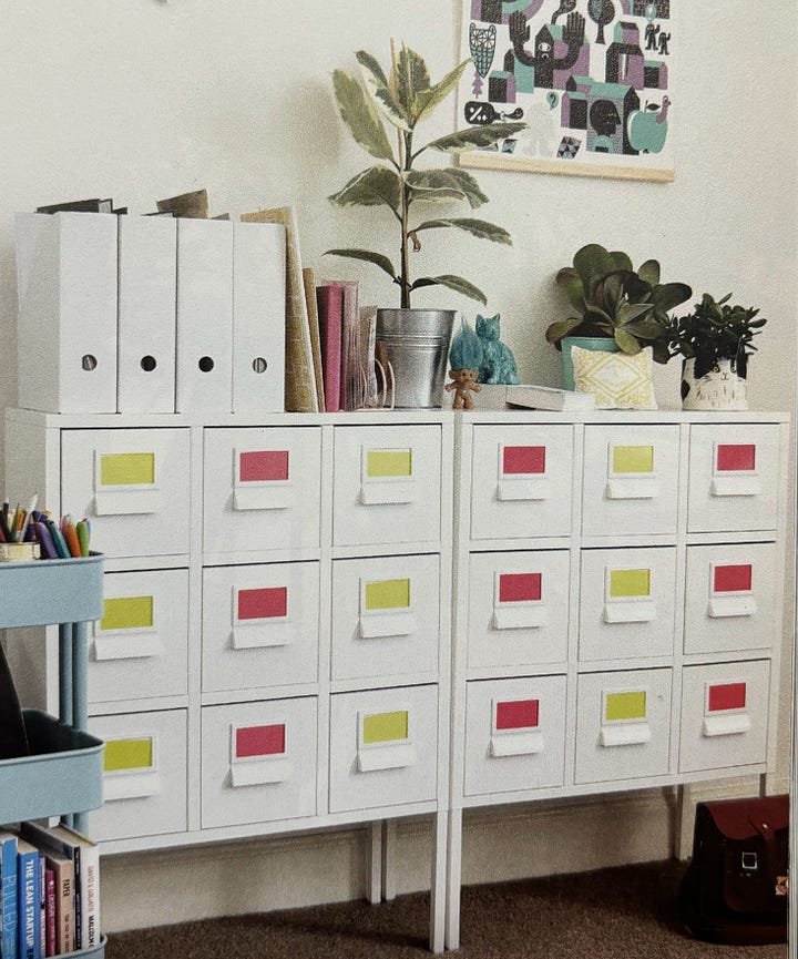 Two images of art room storage with organized bins and white drawers hiding supplies.