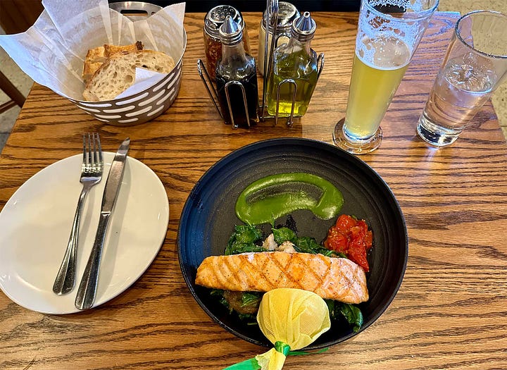 Photos of salmon served with accompaniments in two different restaurants.