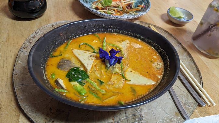 [clockwise from L to R] 1) the cold yet tasty bowl at Ming Kwan - Suthep 2) lovely bowl at Garden to Table, where my sister proclaimed her beef KS the "best yet" 3) Ming Kwan - Old City, a habit 4) my sister's bowl at Khao Soi Manee 2 (I think)