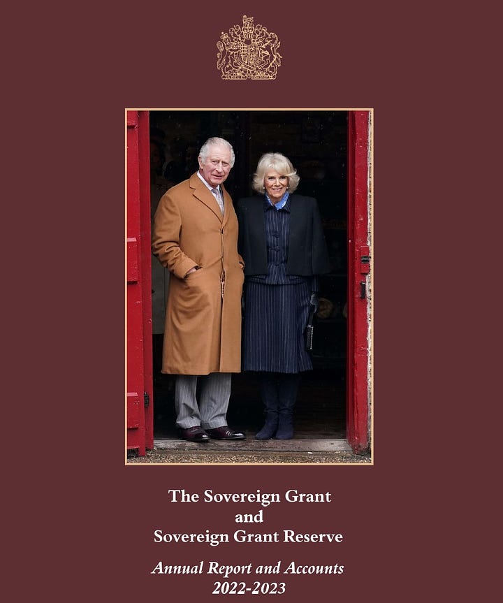 Sovereign grant report covers showing King Charles and Queen Camilla and the late Queen Elizabeth II