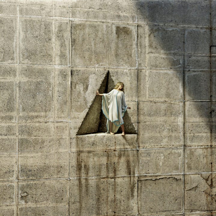 LEFT: Detail from CHASM featuring a woman standing in a tetrahedral crevice cut into the face of an enormous stone facade. The sun cuts across the wall bathing her in light. There isn't room to comfortably stand, and she tentatively peers out. RIGHT: Close detail from CHASM featuring a woman in white robes with blue trim. The hem is high enough to see her legs, with her feet placed uncertainly as she peers out of the shallow tetrahedral crevice cut into the stone facade.