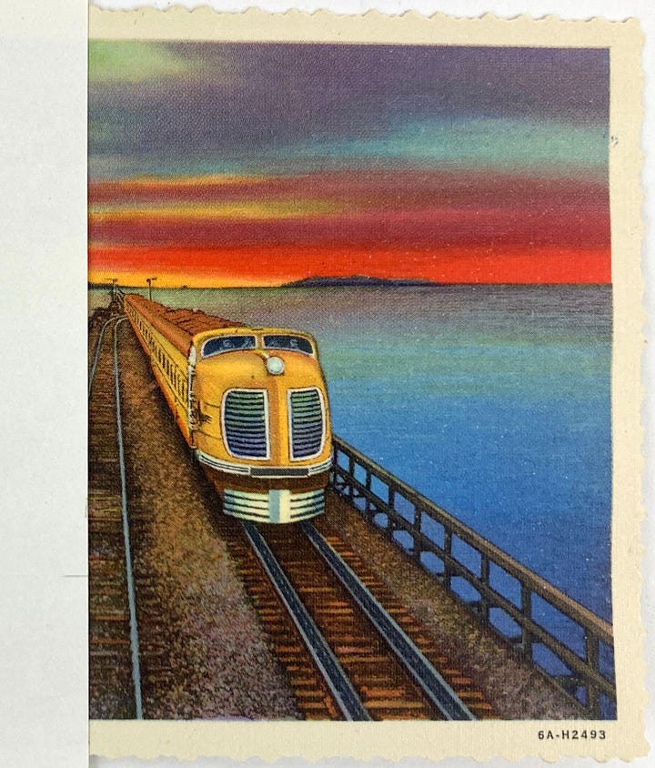 comparrison of Munch's Scream and vintage postcard of train