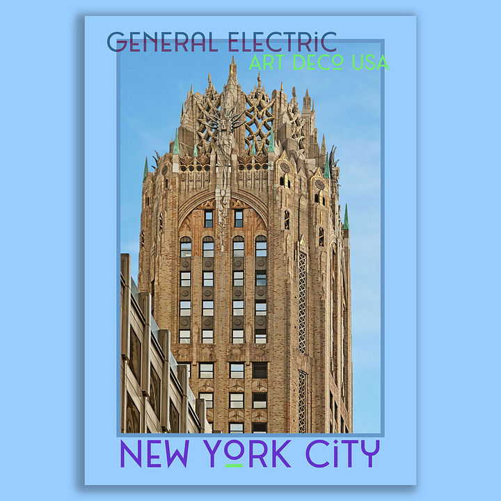 A selection of posters of Art Deco skyscrapers on colourful backgrounds. Empire State Building, The Chanin, The Chrysler, General Electric Building and Atlas, Rockefeller Plaza