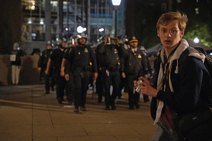 The NYPD knocked down and arrested credentialed journalist Olga Fedorova in New York, NY, on May 8, 2024. Photo: Alex Kent via Twitter. The cops began to kettle us, threatening to arrest us. It was terrifying. Moments ago, Wyatt, who was taking video, and I were standing and then the next moment, they were moving toward us so quickly.” Photo by Gabriella Gregor-Splaver/Columbia Spectator.