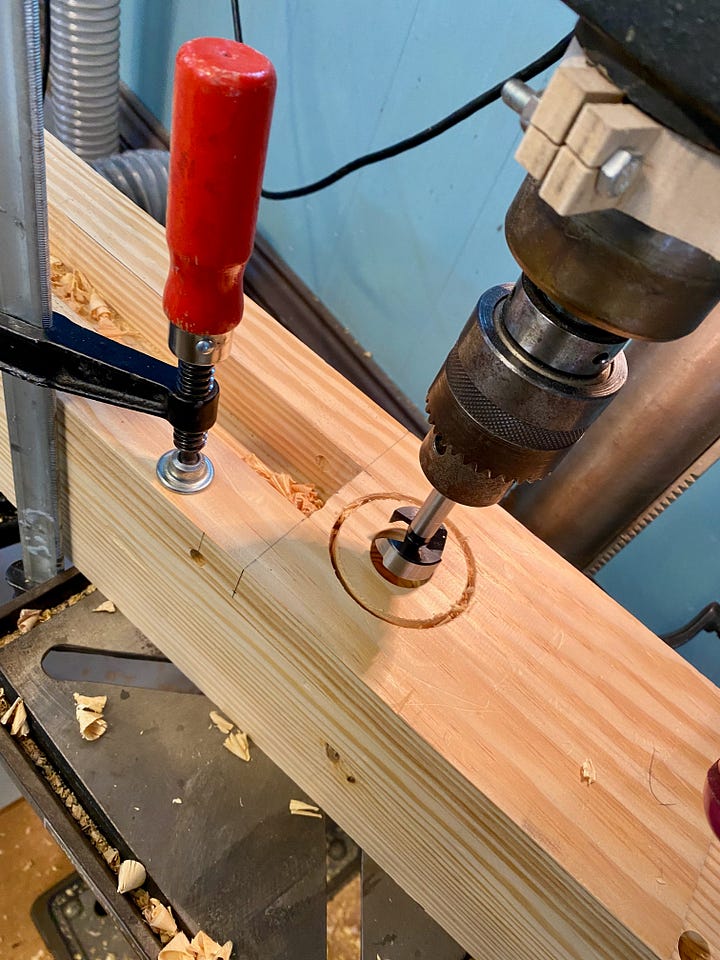 An image of vice installation instructions followed by the process of cutting a mortise and drilling some holes.