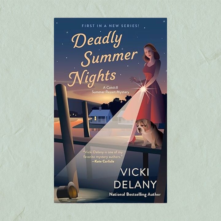 Left image: A stack of hardback books in the background with an open book with flipping pages in the foreground on a sage green background. Right image: A sage green background with the book cover for Summer Deadly Nights by Vicki Delany. The book cover features a woman and a dog standing on a pier shining a flashlight into the water with a bungalow in the background.