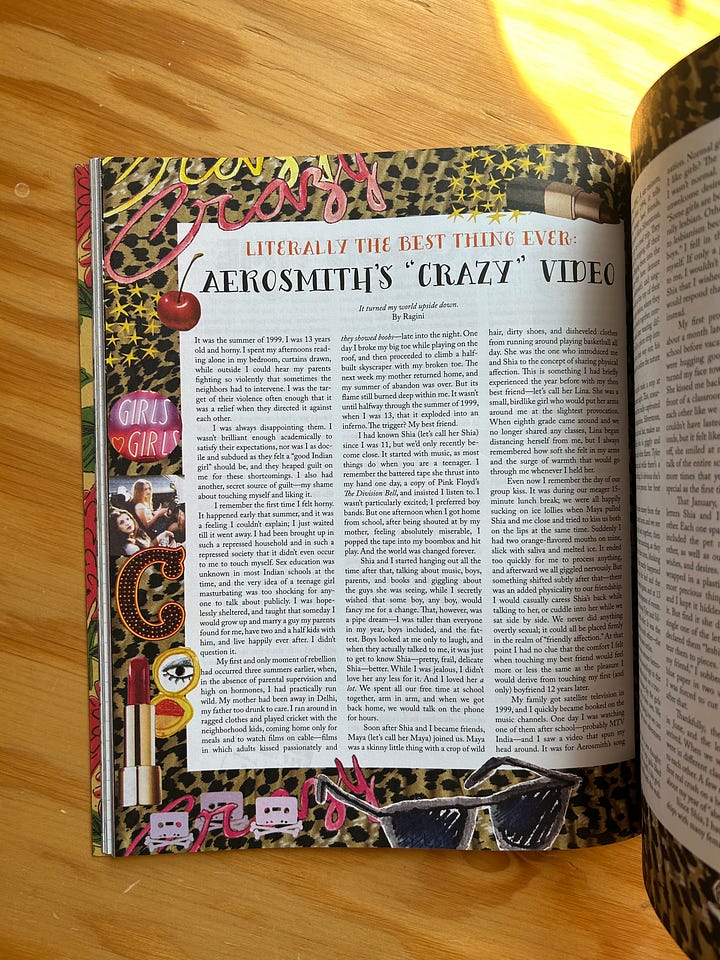 Left: Photograph showing one page of an open book on a wood surface. The article in the center of the page is titled “Literally the Best Thing Ever: Aerosmith's “Crazy” Video.” The article is surrounded by a leopard print border decorated with various cut outs: images of lipstick, a doodle of sunglasses, stars, and a cherry. Right: Photograph of an open book on a wood surface. The page in the book features a grid of four fashion editorial photos set on top of a piece of lined notebook paper. The top two photos, one full body and one close up, show a model in a red dress with her hair done up in two eccentric cones. The bottom left image shows a couple kissing. The bottom right image shows two people in the chip aisle of a grocery store. The border of the page is decorated with star stickers and doodles of stars. 