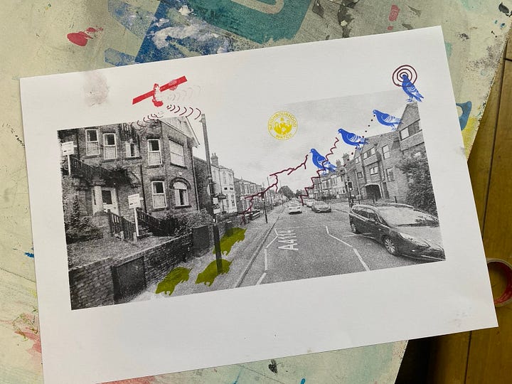 AI in the street team members screen printing their AI-in-the-streets. Scans of screen prints of two streets (Cambridge, Coventry, London)