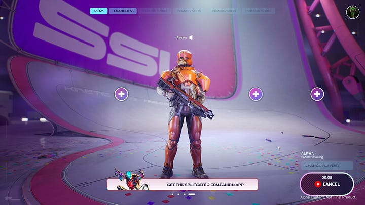 Splitgate 2 Main Menu with the banner at the bottom for the first picture. The second pciture I opened up the banner and it explains more about the splitgate 2 companion app.