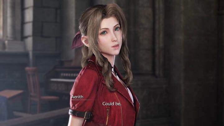 Juxtaposition of Aerith's reaction to Cloud teasing her about the White Materia between Remake and original.