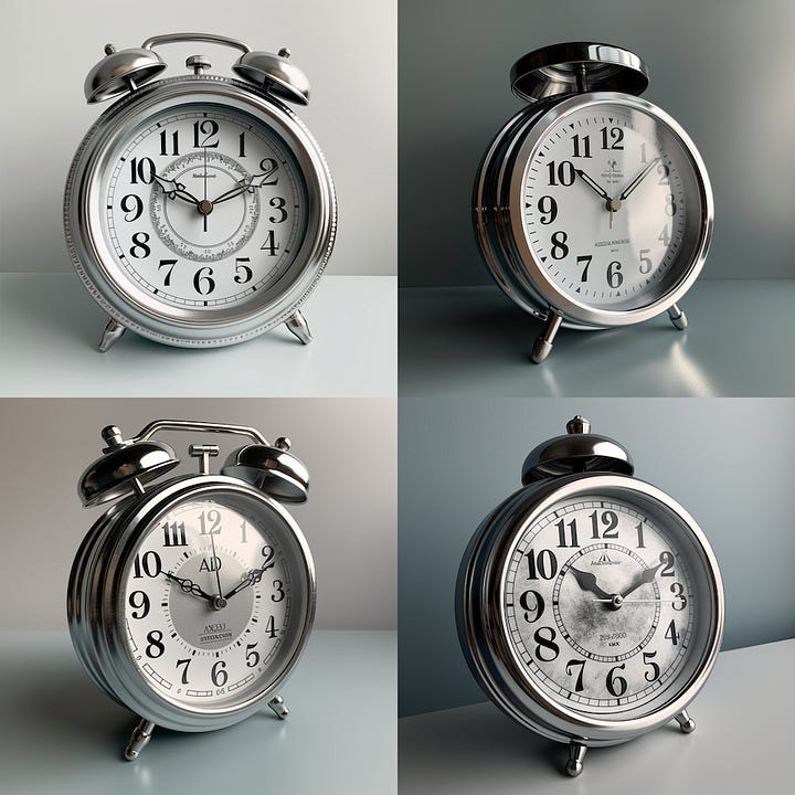 LEFT: A photograph I took of a clock in my office. RIGHT: Midjourney generated this using the clock image and the prompt, "silver clock, hyperrealistic"