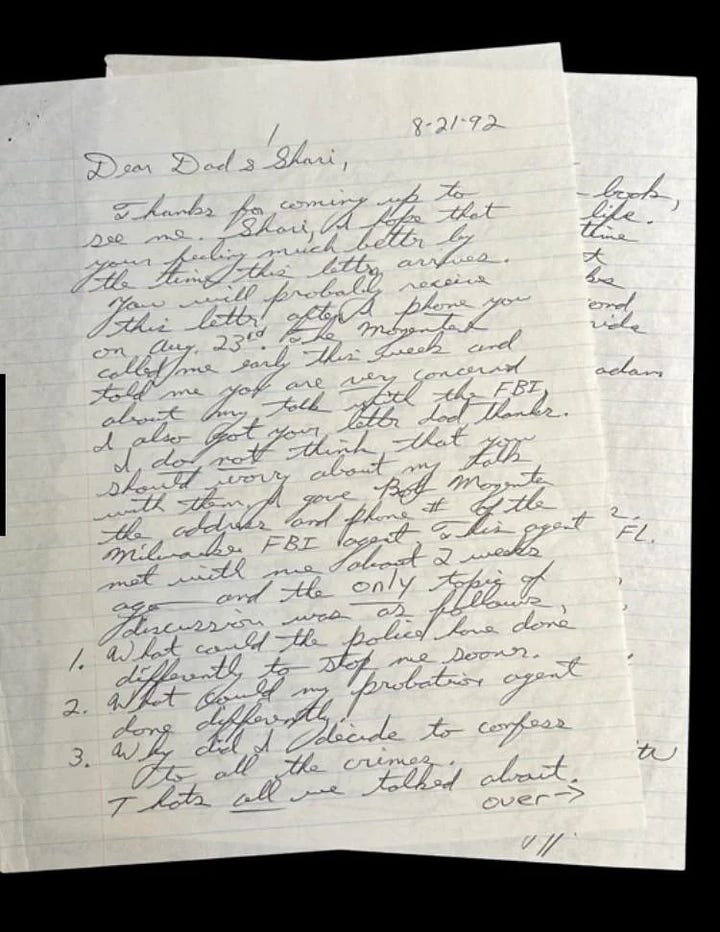 Letter from Jeff Dahmer to his father and stepmother dated 8/21/92