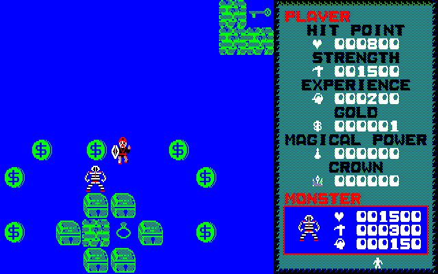 The left is a screenshot, with a solid blue flood and limited color palette overall, from the PC-88 edition of Dragon Slayer. Treasure chests, coins, skeleton enemies, and the magic ring are all visible. On the right, a very similar scene, but from the Saturn remake of the game. 