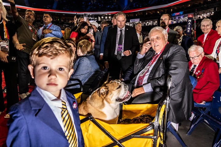 Governor Jim Justice of West Virginia, who spoke on the second night of the convention with his beloved Babydog at his side. Actor Hulk Hogan tears off his shirt during convention speech. Both scenes from the 2004 Republican National Convention.