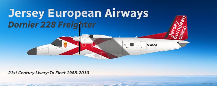 Jersey European Airways Cargo Division fleet as of late 2002: 1) ATR 72P2F, and 2) Dornier 228(CF).