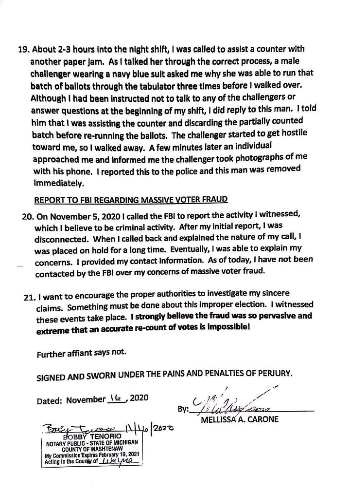 Mellissa Carone's affidavit from the 2020 election