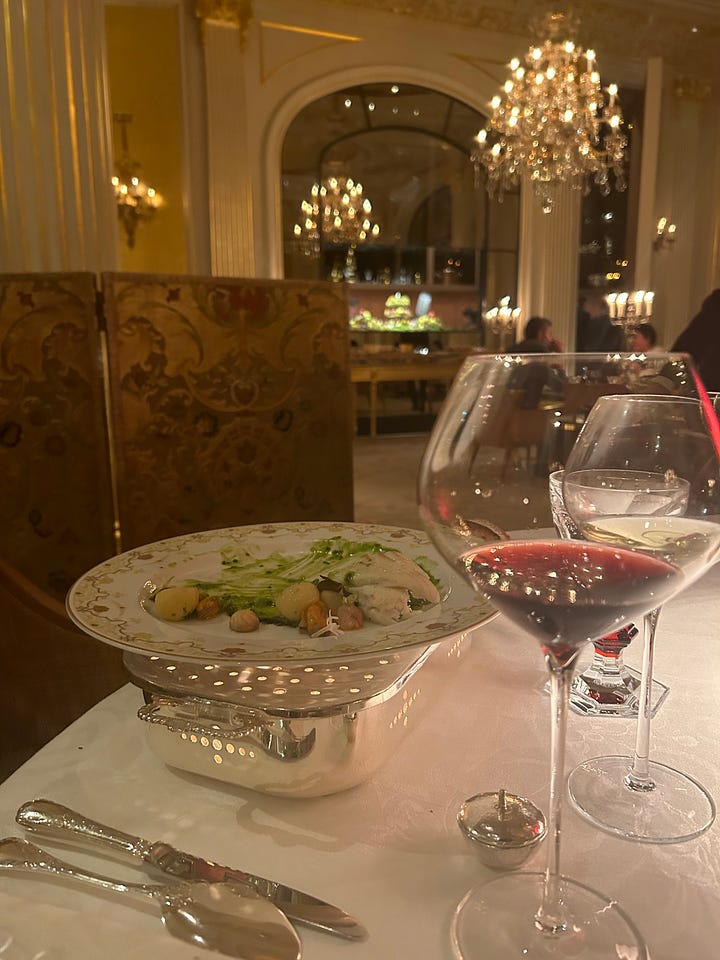 A birthday present in Paris, and a scene from dinner at the Plaza Athénée