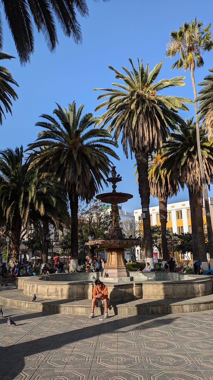 Lunch with a view at Hacienda Kohlberg (left); Tarija main square (right)