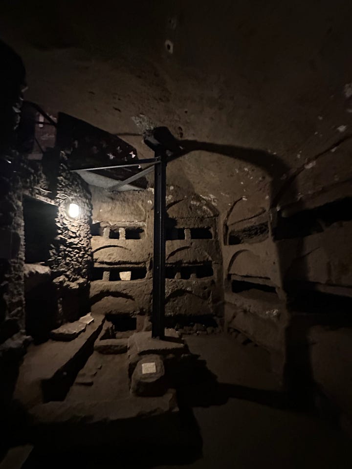 The chamber with modern steel reinforcements containing the stone proclaiming Botrys a Christian