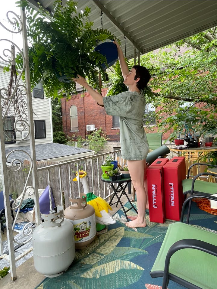 FIrst photo of Lyss watering a giant fern on their porch. Second photo of four people holding four different flowers. Third photo of a coffee cup that says "Good Morning Asshole." Fourth photo of a photo by starparkdesigns that says "you will not heal by going back to what broke you" and then a Meta fact check warning that says "False information: Reviewed by independent fact-checkers."