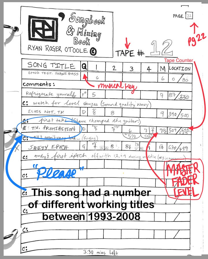 Cover Page 4-Track Log Book | Tape Page + Mixing Notes  | Yamaha MT-120 4-Track Cassette Recorder 1992 | Varispeed Detail Yamaha MT-120