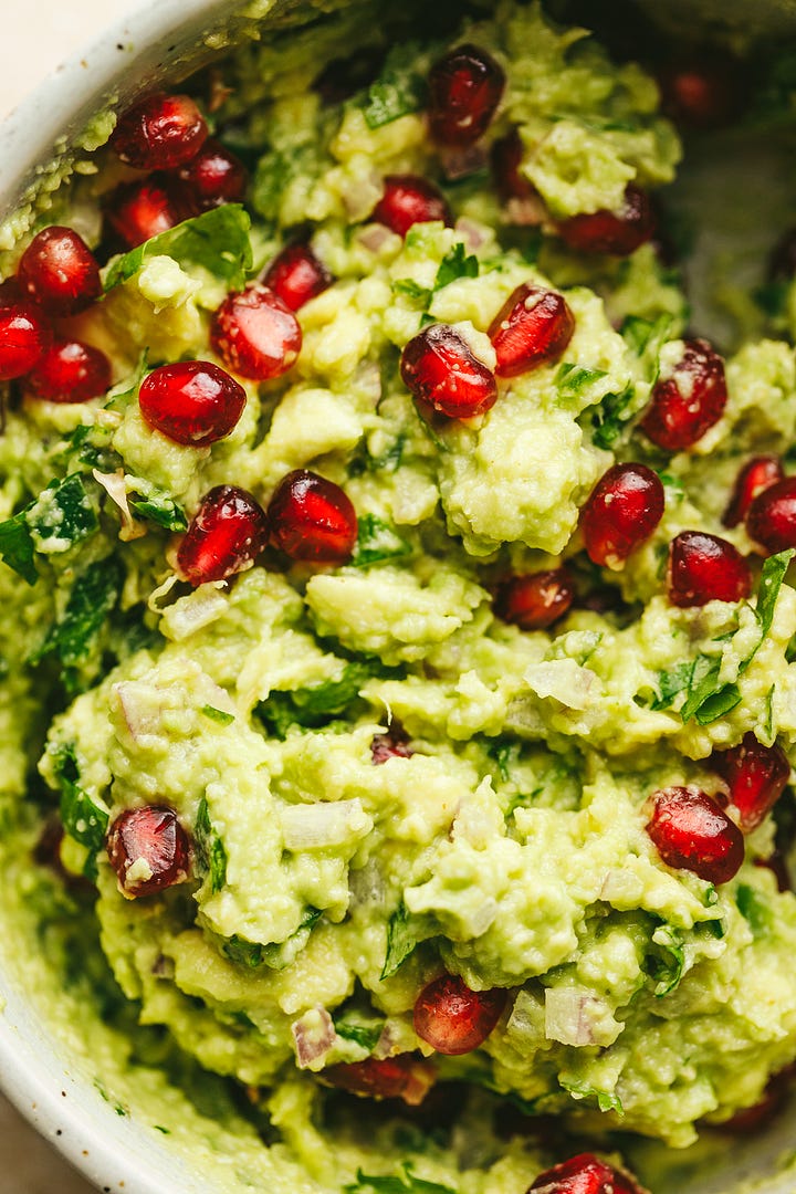 Pomegranate guacamole and chicken tinga taco salad.