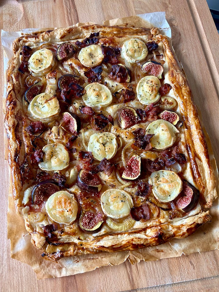 A French fig tart with goat cheese is shown just out of the oven