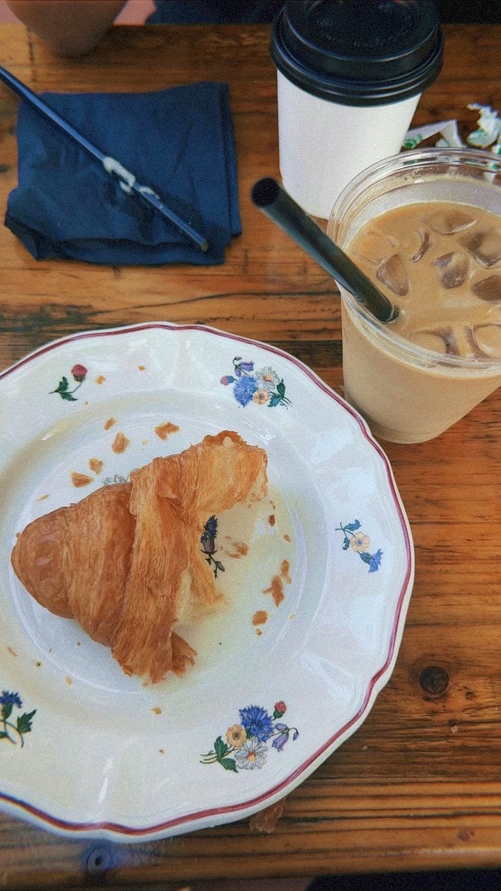 Photos of pastries at Lagniappe Bakehouse and an iced latte