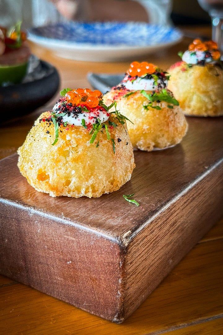 Tasca starters: cod fish tempura, garlic prawns, Portuguese chorizo and garlic bread