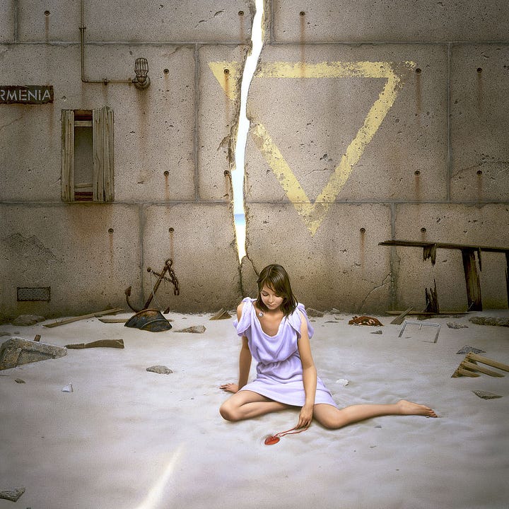 LEFT: Detail from GLIMPSE FEATURING a young woman in a short lavender dress sitting with one knee under her and her other leg out to the side as she stares down at a red glass heart resting on the sand. A crack in the concrete wall behind her casts a sliver of light onto the sand. The crack splits the corner of a yellow triangle painted point down and weathered. Through the opening, calm water can be seen in the distance.   RIGHT: Figure detail from GLIMPSE featuring a young woman with dark hair that falls silky straight to her shoulders. She wears a short lavender dress that dips at the neck. Hanging unevenly over her clavicle is silver smiley face pendant on a lavender cord. Her expression is a contrast, eyes pressed closed with no hint of a smile. She's looking down to the smooth sand where she drags a red glass heart by the ribbon.