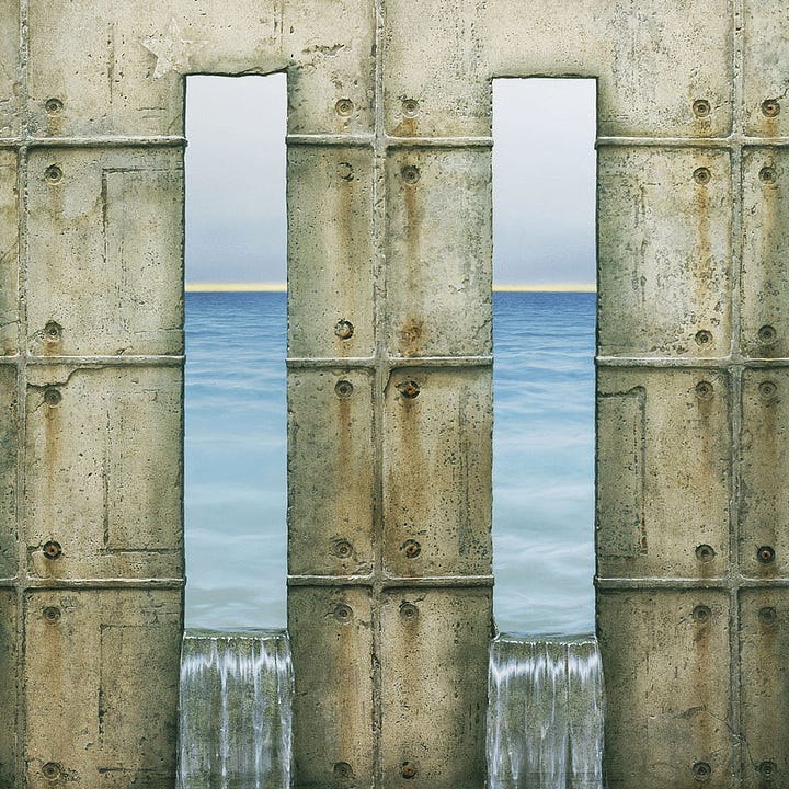 LEFT: Detail from EBB featuring two weathered stone pillars at water's edge. The concrete at the base is saturated and drying unevenly now that the tide is receding. The top of each pylon is marred with four uniform holes weeping with rust. Cracks in the concrete connect two of the holes on a wavy diagonal. The top of each stone weathered unevenly and lighter in color catching illumination from the sun. RIGHT: Detail of water pouring through channels cut into a wide stone wall. Each channel is a tall rectangle cut through the stone, offering a view to the ocean. Like raised veins in the concrete, seams from when the structure was poured straddle each opening. Where the seams bisect between openings, a concentric hole sits in the adjacent corners of the grid formed, weeping in trails of rust.