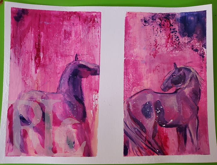 Abstract pink background with purple smudge horses with white speckles.