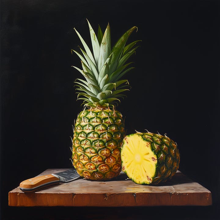 Comparison of SDXL and MJ results for a still life painting of a pineapple on a cutting board