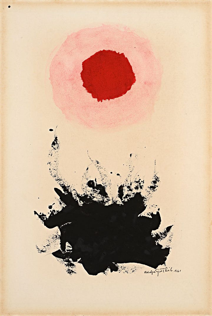 Gottlieb’s artwork depicts a red sphere with a pink halo on the top of the page over a black stain with multiple brushsttrokes coming out of it over a cream coloured background. in the other picture, the model is dressed in black blazer and shorts and red balaklava holding a big red ball against a greyish background