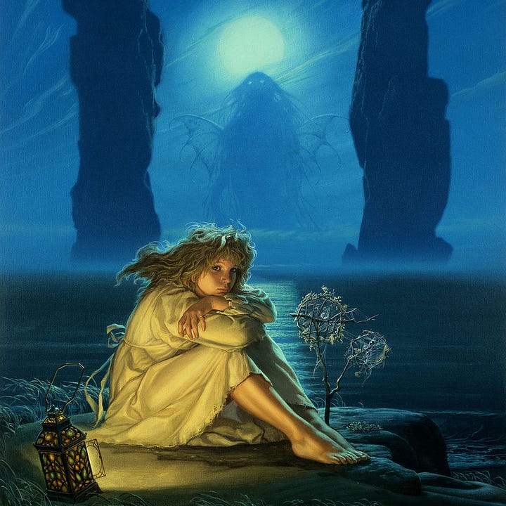 LEFT: View of the girl resting her chin on arms crossed over her knees. The sea creature is backlit by the moon as it wades toward her in the distance. RIGHT: Close detail featuring the lamp in the foreground casting warm light on the girl