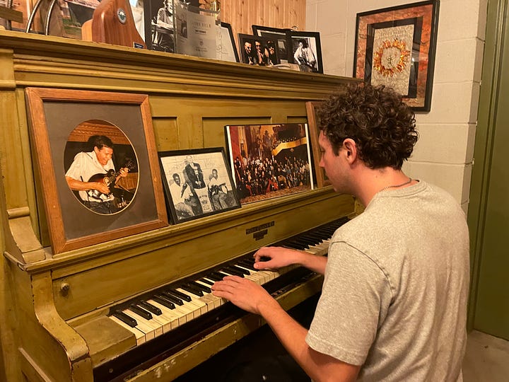 Levon Helm’s Gretsch drums, Liam playing Richard Manuel’s piano