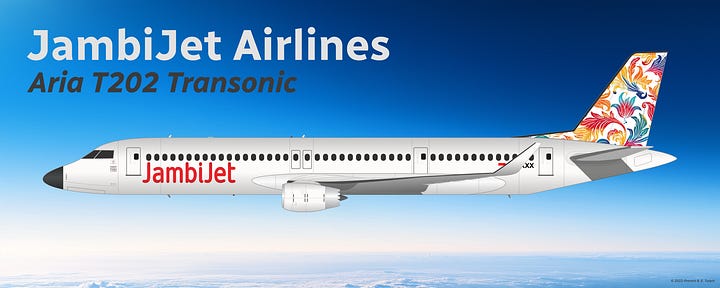 JambiJet Aria T202 Transonic in example Batik livery, shown in side view while in midflight (L) and while parked on a tarmac (R).