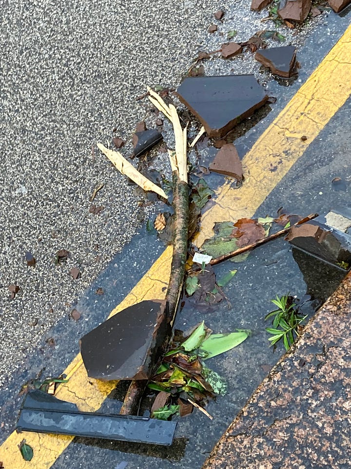 photos of titles, slates, twigs and other debris on roads and pavements