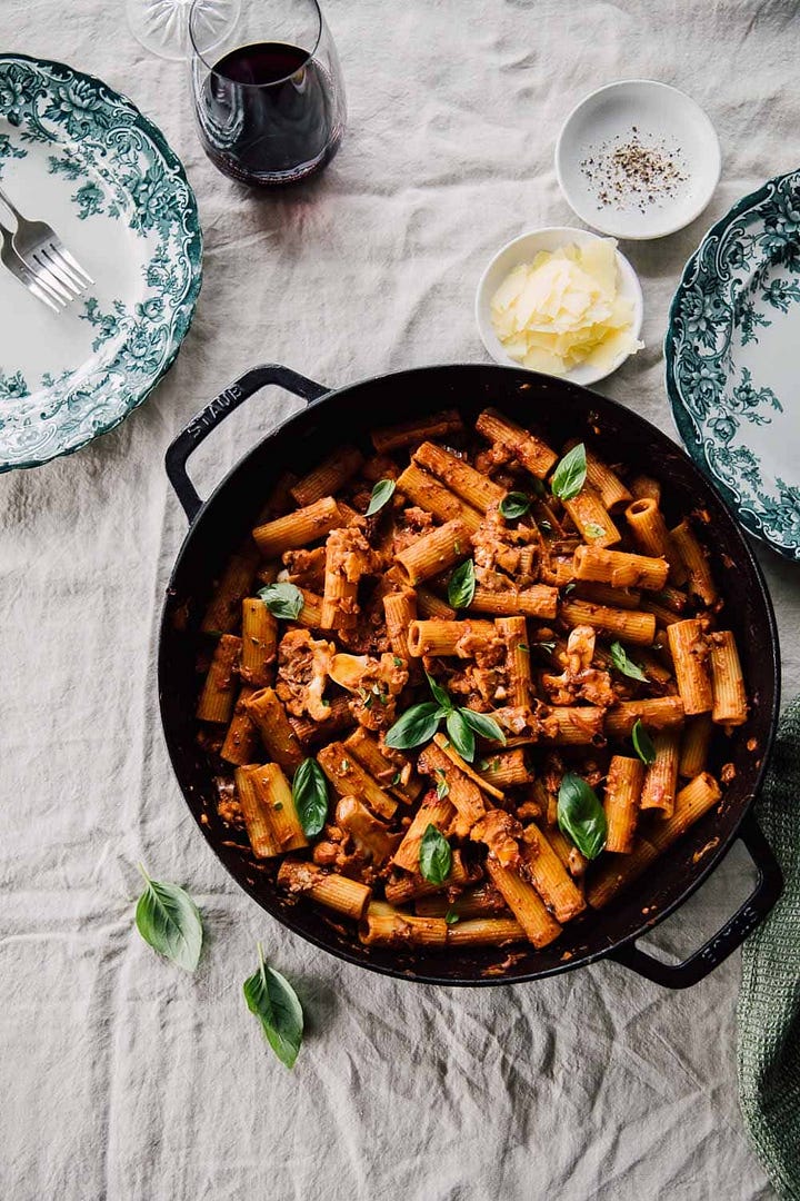 Cauliflower Vodka Alla Pasta & Chickpea Garden Burger