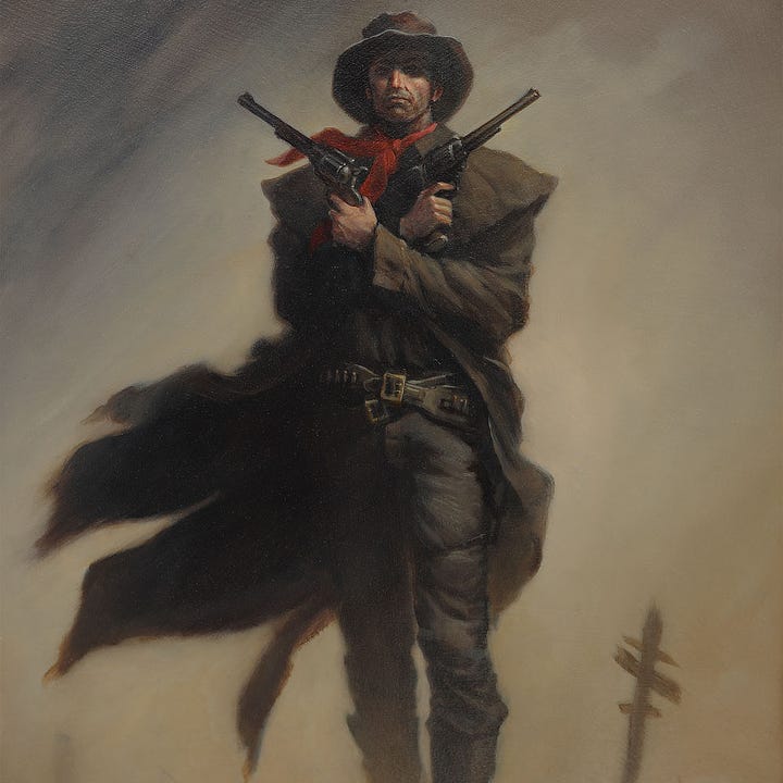 LEFT: Detail from ROLAND X featuring the gunslinger striding through a graveyard with his arms crossed in front of him in an X. RIGHT:  CLOSE DETAIL from ROLAND X featuring the gunslinger with a red kerchief standing out against his leather duster. The gun belts at his waist echoed his crossed arms in an X as he holds his big revolvers against his chest.