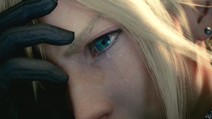 That similarity described above jogs Cloud's "memory" of Aerith's demise, hence the single tear.