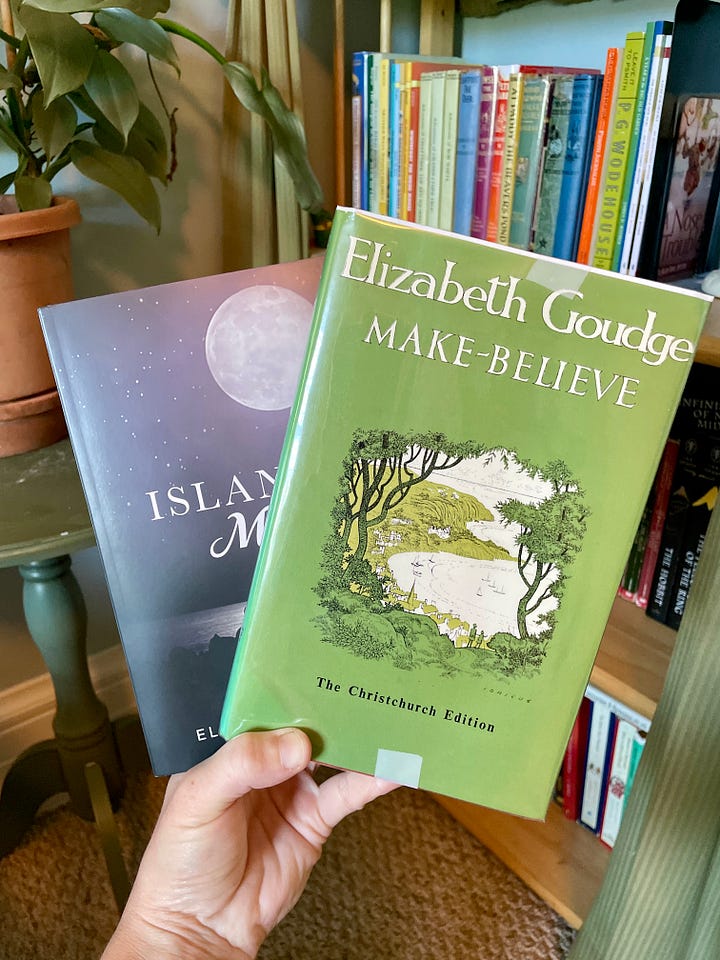 Anna's copies of Island Magic and its sequel of short stories, Make-Believe; the art on the front cover of Make-Believe of two children staring down on a port in Guernsey.