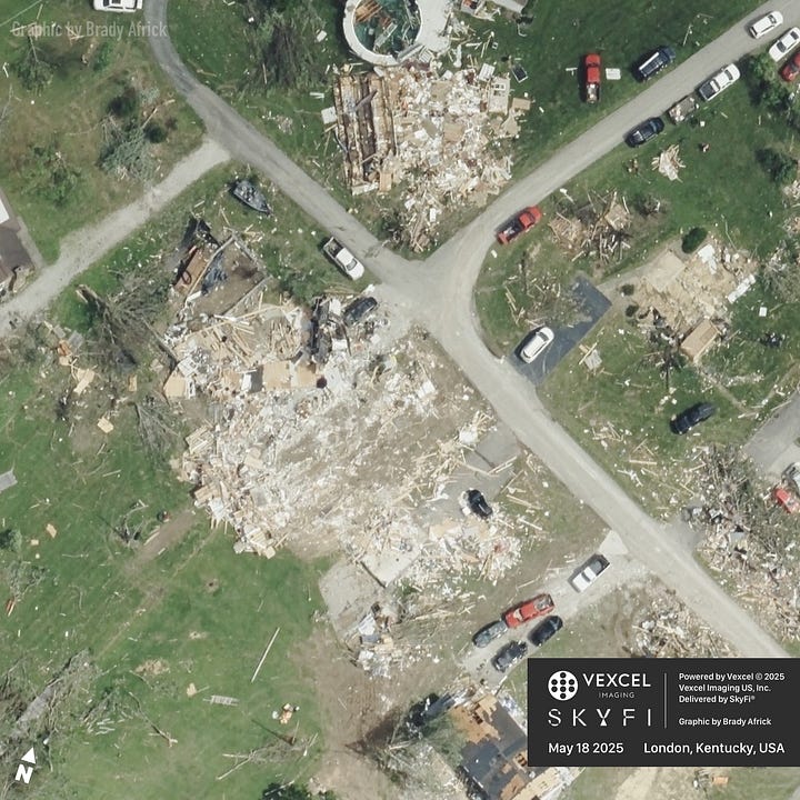 Damage from a tornado and storms in London, Kentucky, USA | Powered by Vexcel © 2025 Vexcel Imaging US, Inc. | Delivered by SkyFi® | Graphic by Brady Africk